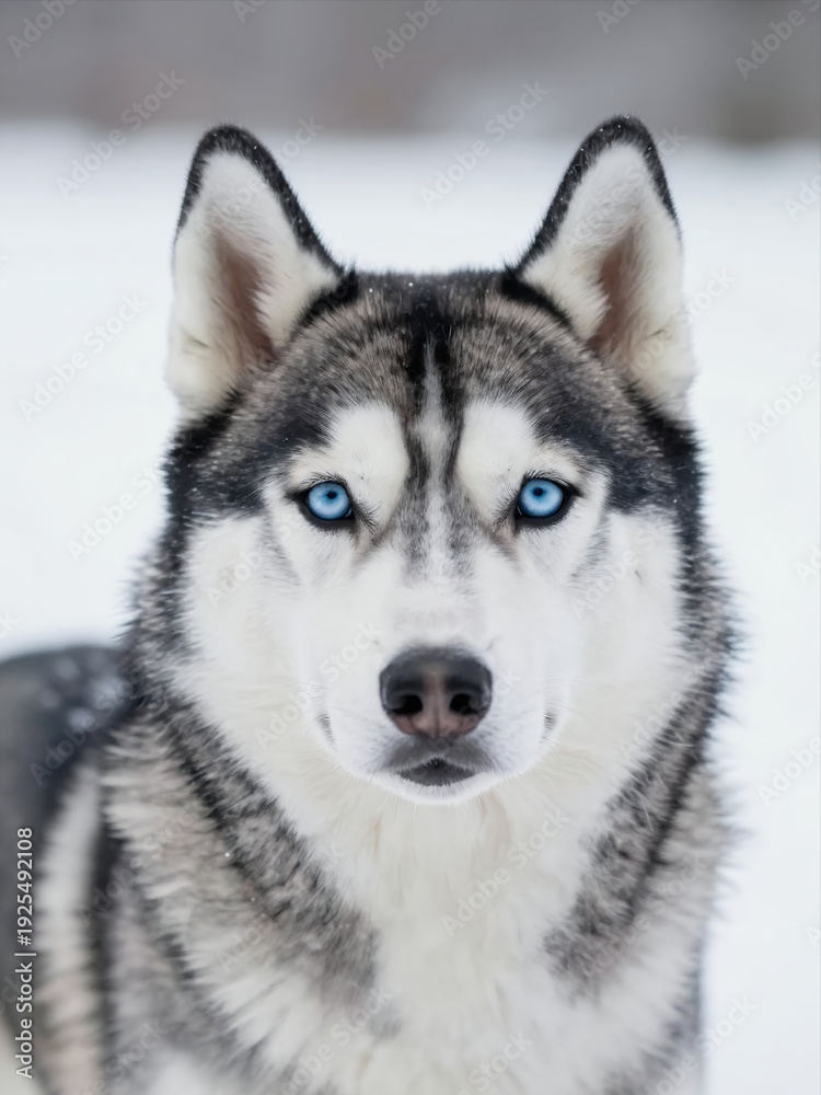 Fototapeta premium Close-Up Portrait Of A Siberian Husky Dog With Blue Eyes In A Snowy Winter Environment