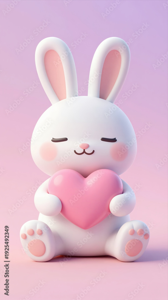 Obraz premium Cute 3D White Bunny Holding Pink Heart On Gradient Background, Valentine'S Day Or Love Concept