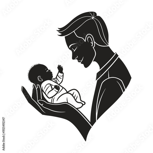 Loving mother holding newborn baby in hands silhouette, tender motherhood care and maternal bonding illustration