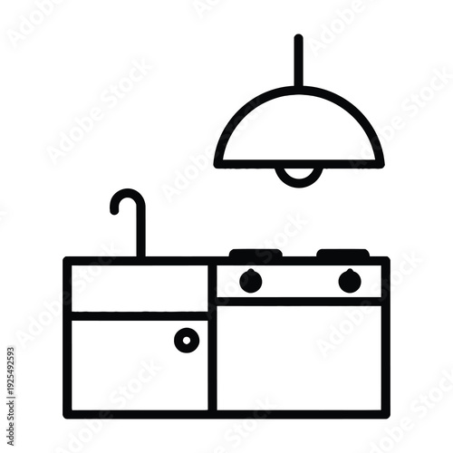 Simple kitchen setup with stove sink and pendant light modern minimalistic design