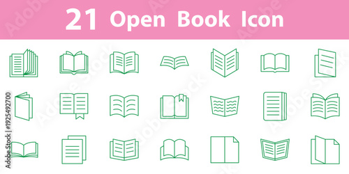 Set of 21 outline icons related to the book. Open textbook. Editable stroke. Reading and education symbols isolated line vector illustration.
