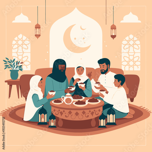 A Muslim family breaking their fast together.