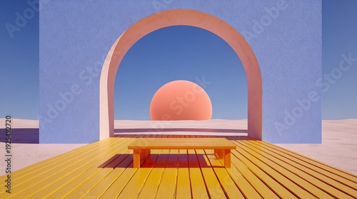 Modern architectural scene with arched doorway, wooden table, and an orb, under blue sky