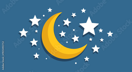 Illustration of crescent moon and stars.