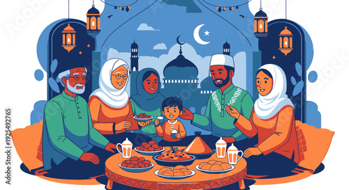 Muslim family gathering for iftar meal.