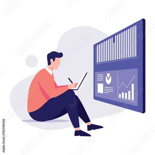 Flat Style Detail Man Analyzing Data on Laptop Illustration