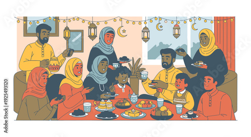 A diverse family enjoying a meal together.