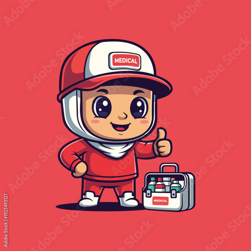 Cute Cartoon Style Medical Personnel with First Aid Kit Character Mascot