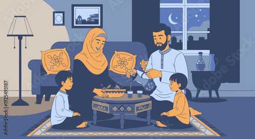 Family celebrating Ramadan at home together.