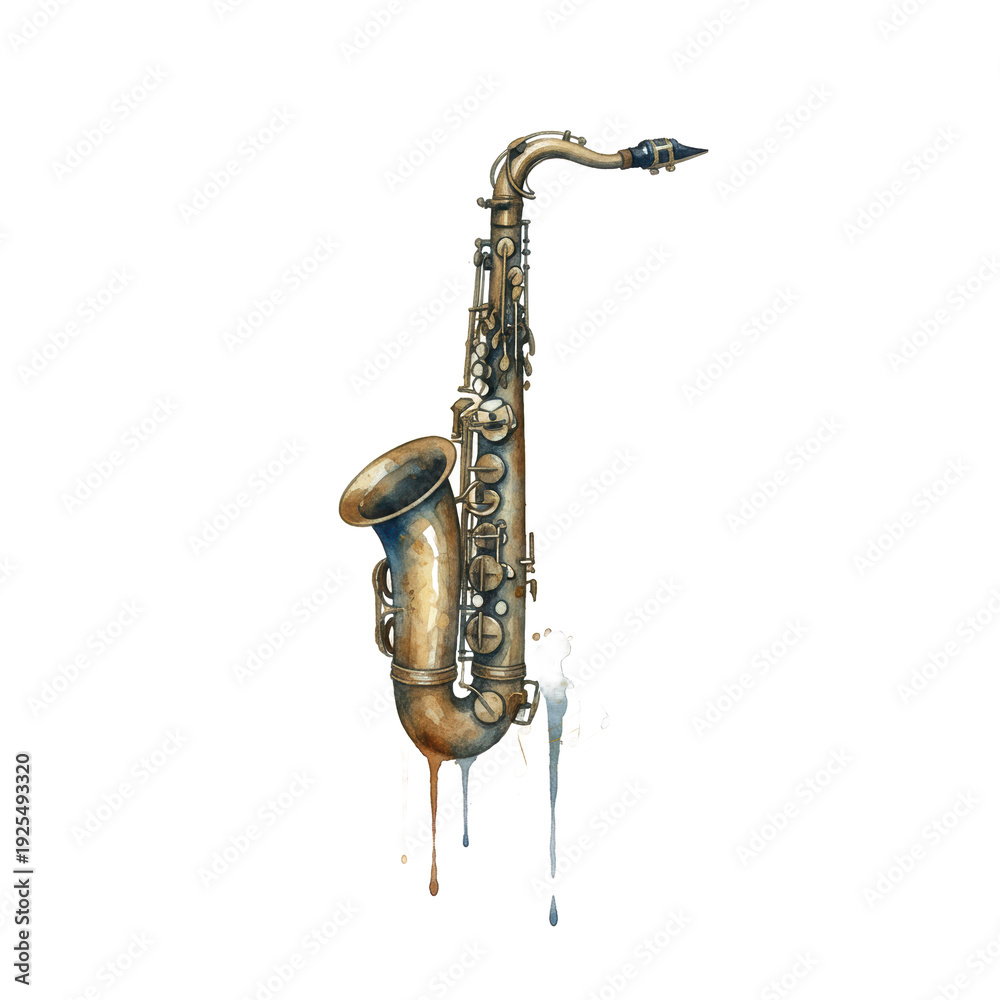 Naklejka premium Watercolor saxophone with paint drips and musical notes
