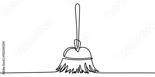 Continuous line drawing of a simple broom on a white background