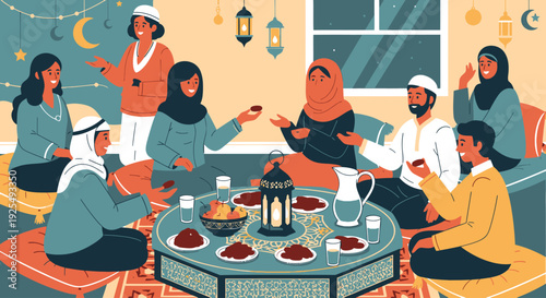 Muslim family gathering for iftar meal.
