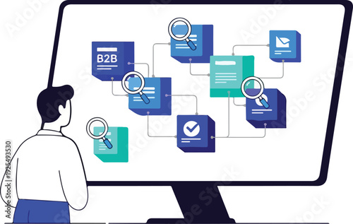 Man analyzing digital files and documents on a computer screen with various icons and magnifying glasses