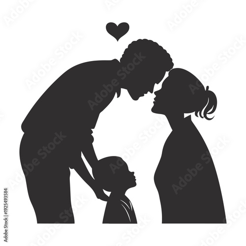 Family group silhouette with floating heart above, happiness, togetherness and positive family life illustration