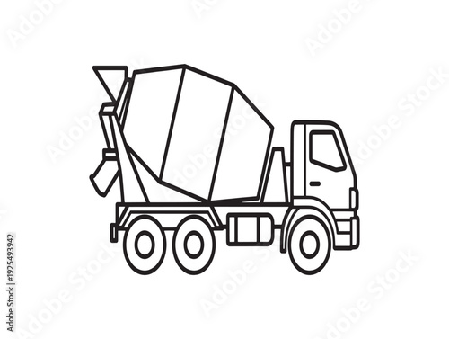 A black and white line drawing of a cement mixer truck