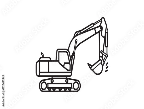 A black and white line drawing of an excavator machine with a long arm and bucket