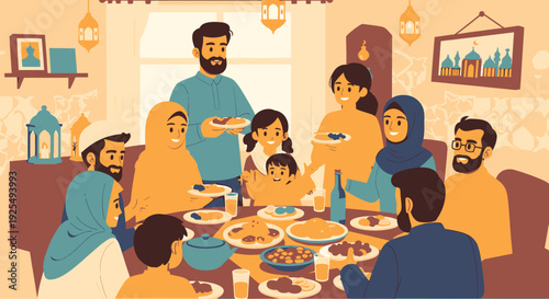 A diverse family sharing a meal together.