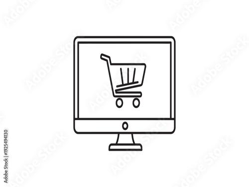 E commerce shopping cart on computer screen icon