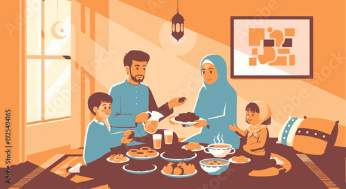 Family gathering for a meal together.