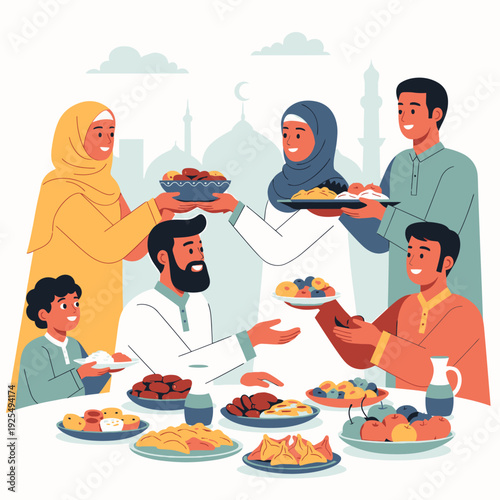 Muslim family sharing food on iftar.
