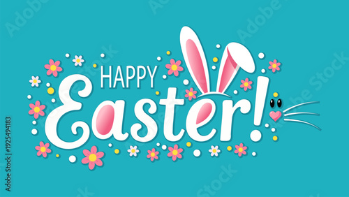Colorful easter greeting with bunny ears on green background