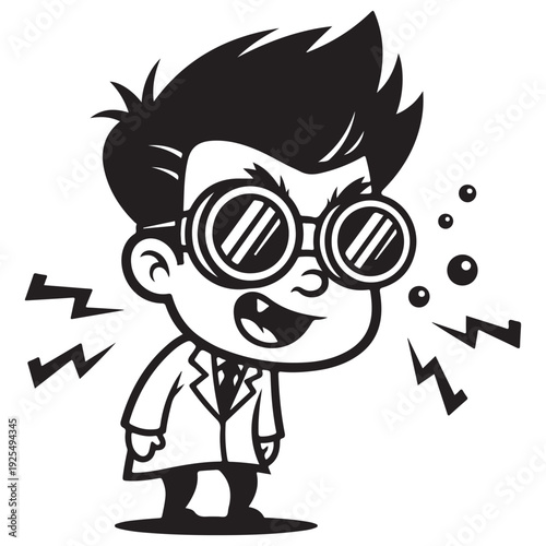 Excited Cartoon Mad Scientist Boy with Goggles and Lab Coat
