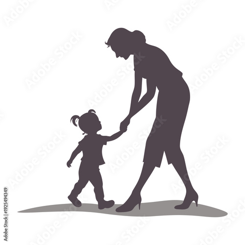 Woman teaching toddler to walk silhouette, child development, encouragement and supportive parenting concept