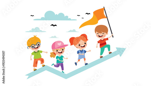Children running up an arrow with a flag in a cartoon illustration
