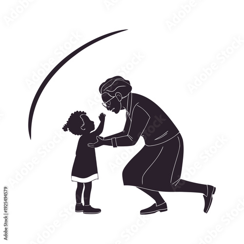 Elderly grandmother teaching young child to write, generational bonding, education and wisdom sharing illustration