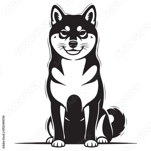 Smiling Shiba Inu Dog Illustration in Black and White