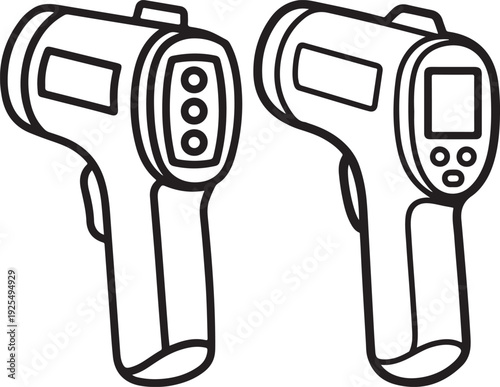 Infrared thermometer line art vector illustration. Two non-contact digital temperature guns with display and trigger in black and white outline style.