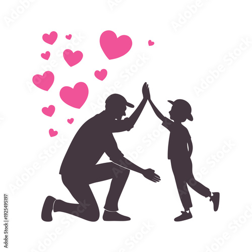 Adult and child celebrating high-five with hearts, achievement, motivation and joyful family relationship illustration