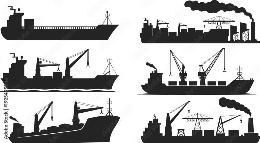 Obraz premium Black and white silhouettes of industrial ships and factories with cranes and smokestacks