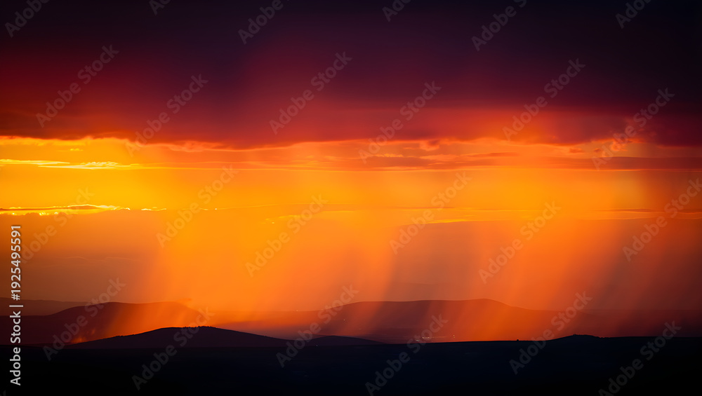 Fototapeta premium Sunset Rays Majestic sunset with god rays and mountain silhouette