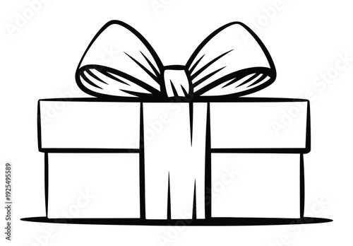 Simple black and white of a gift box with a bow