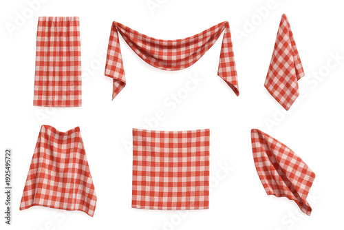 Red and white gingham cloths and napkins shown in six folded, draped and hanging arrangements, ideal for picnic, kitchen or rustic table settings