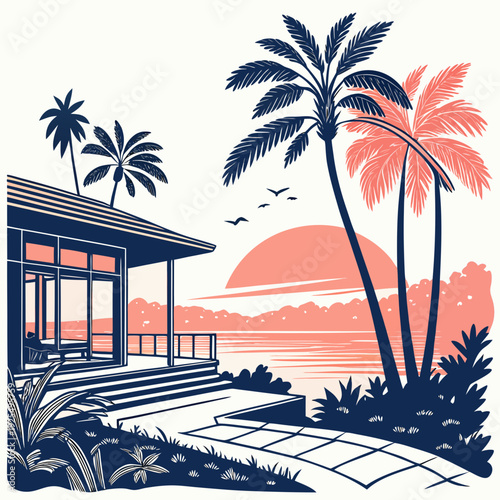 A tropical beach scene with palm trees and a gazebo