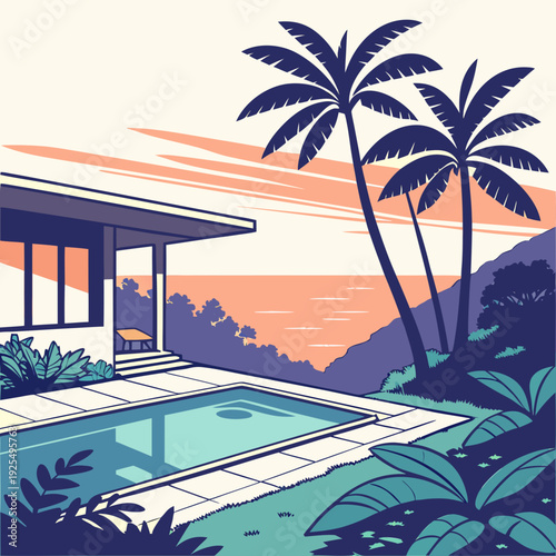 A pixel art image of a house with a swimming pool and palm trees