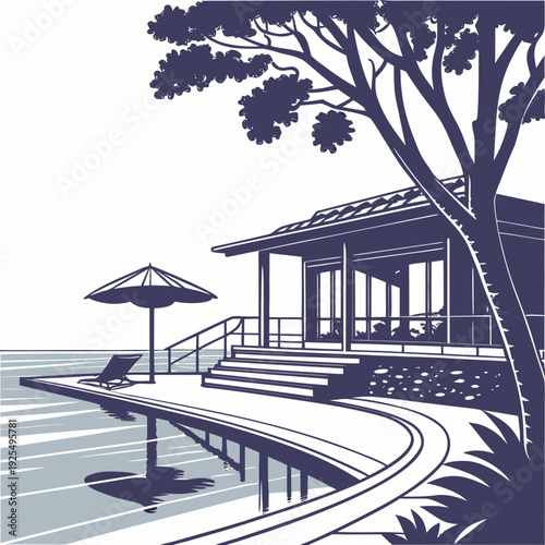 A blue and white drawing of a beachside pavilion
