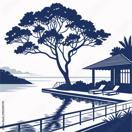 A serene dockside scene with a tree and a gazebo