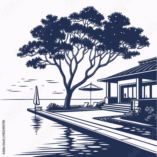 A serene lakeside scene with a tree and a house