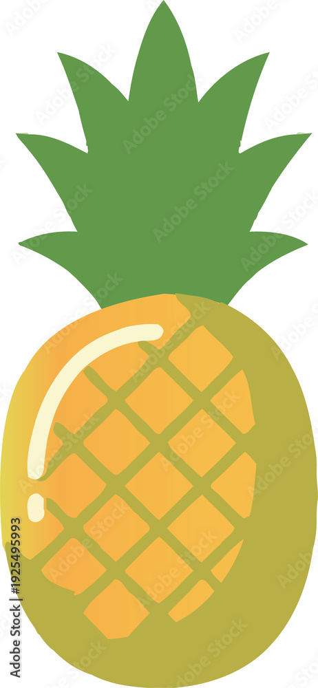 Obraz premium Glossy pineapple with green crown leaves in a clean minimal 3D style. Bright tropical fruit illustration isolated on white background, perfect for summer designs, healthy lifestyle concepts.