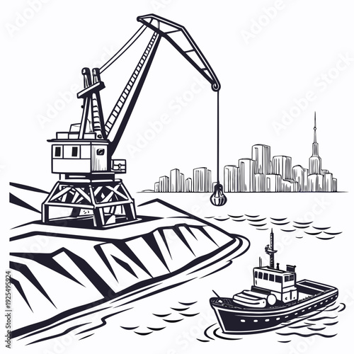 A crane on a barge with a tugboat in the water