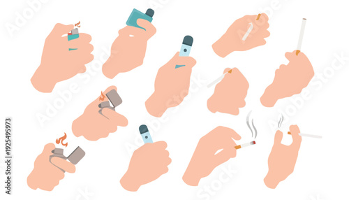 A hand holding a cigarette and a lighter in various vector illustrations