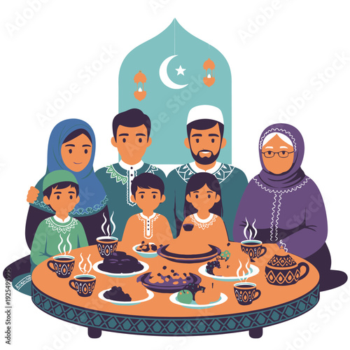 A Muslim family gathering for iftar during Ramadan.
