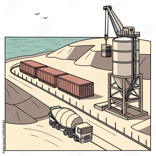 A train and truck near a large industrial silo by the sea