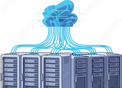 Digital illustration of abstract data flowing into server racks from a cloud symbol, representing technology and data storage, viewed from the front.