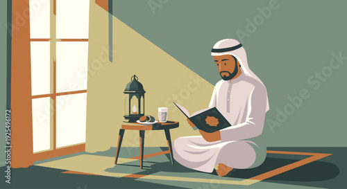 Man reading book in traditional Arabic clothing sitting on floor.
