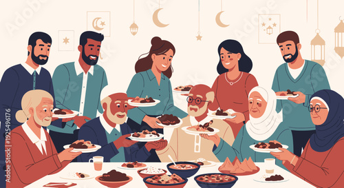 Diverse group of people sharing a meal.