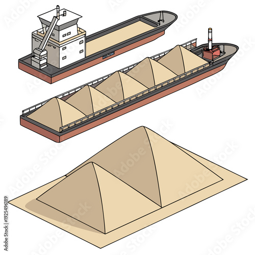 A cargo ship and piles of sand